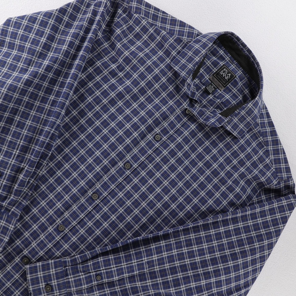 Jos A Bank Traveler Travel Tech‎ Shirt Mens XL Blue Plaid Tailored Fit Button Up